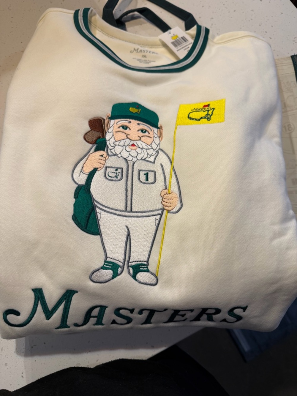 Masters White Crewneck Sweatshirt with Green & Yellow Embroidered Masters Gnome!